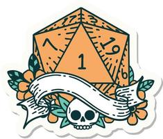 sticker of a natural one d20 dice roll vector