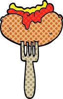 comic book style cartoon hotdog with mustard and ketchup on fork vector