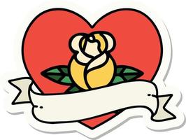 sticker of tattoo in traditional style of a heart rose and banner vector