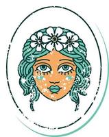 iconic distressed sticker tattoo style image of a maiden with flowers in her hair vector