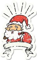 worn old sticker of a tattoo style santa claus christmas character with sack vector