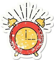 worn old sticker of a tattoo style ringing alarm clock vector