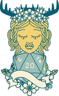 Retro Tattoo Style half orc druid character with natural 20 dice roll