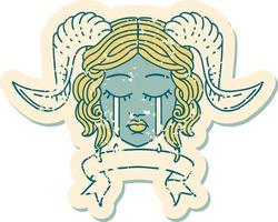 Retro Tattoo Style crying tiefling character face with scroll banner vector