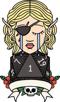 Retro Tattoo Style crying elf rogue character with natural one D20 roll