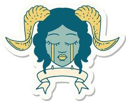 sticker of a crying tiefling character face with scroll banner vector