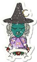 Retro Tattoo Style half orc witch character with natural 20 dice roll vector