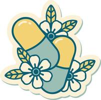 sticker of tattoo in traditional style of pills and flowers vector