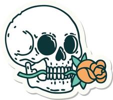 pegatina de tatuaje al estilo tradicional de una calavera y una rosa vector