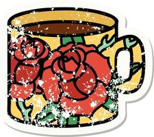 distressed sticker tattoo in traditional style of a cup and flowers vector