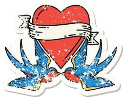 distressed sticker tattoo in traditional style of swallows and a heart with banner vector