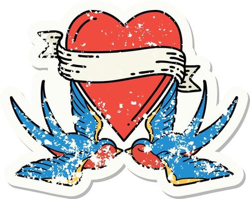 distressed sticker tattoo in traditional style of swallows and a heart with banner