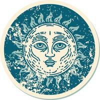 iconic distressed sticker tattoo style image of a sun with face vector