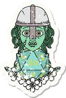 grunge sticker of a half orc fighter character with natural twenty dice roll vector