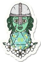 grunge sticker of a half orc fighter character with natural twenty dice roll vector