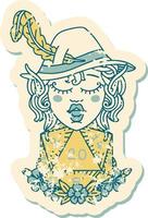 Retro Tattoo Style elf bard character with natural twenty dice roll vector