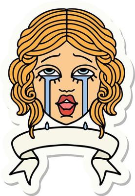 tattoo style sticker with banner of a very happy crying female face