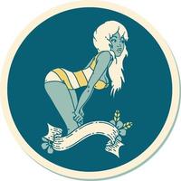 sticker of tattoo in traditional style of a pinup girl in swimming costume with banner vector
