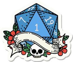 sticker of a natural one d20 dice roll vector