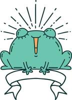 scroll banner with tattoo style happy frog vector
