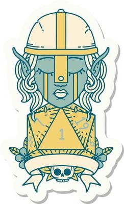 sticker of a crying elf fighter character face with natural one D20 roll