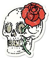 distressed sticker tattoo in traditional style of a skull and rose vector