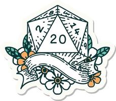 sticker of a natural twenty D20 dice roll vector