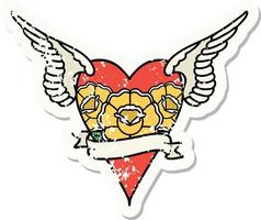 distressed sticker tattoo in traditional style of a heart with wings and banner vector