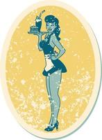 distressed sticker tattoo in traditional style of a pinup waitress girl vector