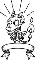 scroll banner with black line work tattoo style skeleton demon character vector