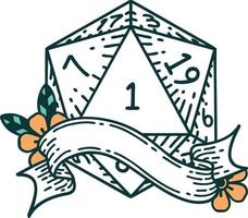 Retro Tattoo Style natural one d20 dice roll vector