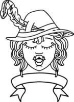 Black and White Tattoo linework Style singing half orc bard character with banner vector