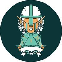 icon of crying elf fighter character face with natural one D20 roll vector