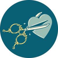 iconic tattoo style image of scissors cutting a heart vector