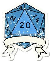 grunge sticker of a natural 20 critical hit D20 dice roll vector