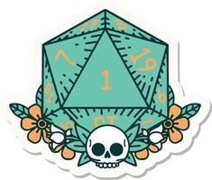 sticker of a natural one dice roll with floral elements vector