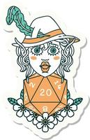 sticker of a elf bard character with natural twenty dice roll vector