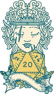 Retro Tattoo Style elf barbarian character with natural twenty dice roll