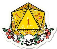 grunge sticker of a natural one dice roll with floral elements vector