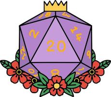 Retro Tattoo Style natural 20 D20 dice roll with floral elements vector