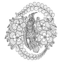 Parrot and flowers hand drawn for adult coloring book vector