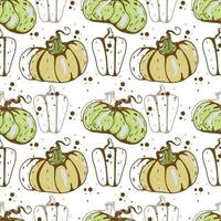 Autumn seamless vector pattern with pumpkins and fall leaves. Hand drawn illustration.