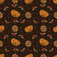 Autumn seamless vector pattern with pumpkins and fall leaves. Hand drawn illustration.