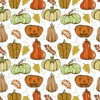 Autumn seamless vector pattern with pumpkins and fall leaves. Hand drawn illustration.