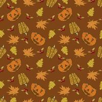 Autumn seamless vector pattern with pumpkins and fall leaves. Hand drawn illustration.