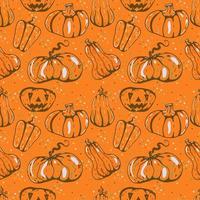 Autumn seamless vector pattern with pumpkins and fall leaves. Hand drawn illustration.