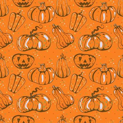 Autumn seamless vector pattern with pumpkins and fall leaves. Hand drawn illustration.
