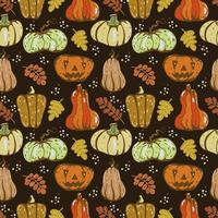 Autumn seamless vector pattern with pumpkins and fall leaves. Hand drawn illustration.