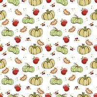 Autumn seamless vector pattern with pumpkins and fall leaves. Hand drawn illustration.