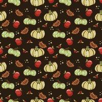 Autumn seamless vector pattern with pumpkins and fall leaves. Hand drawn illustration.